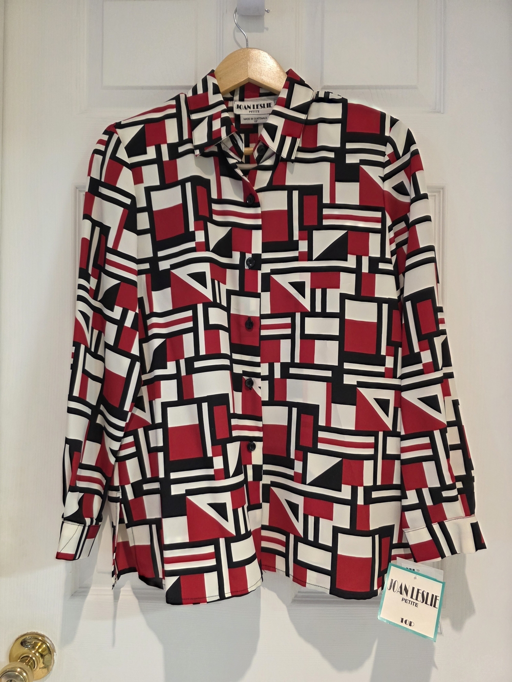 Vintage 90s Joan Leslie Petite Blouse NWT 10P Red Black Geometric Abstract Grid
